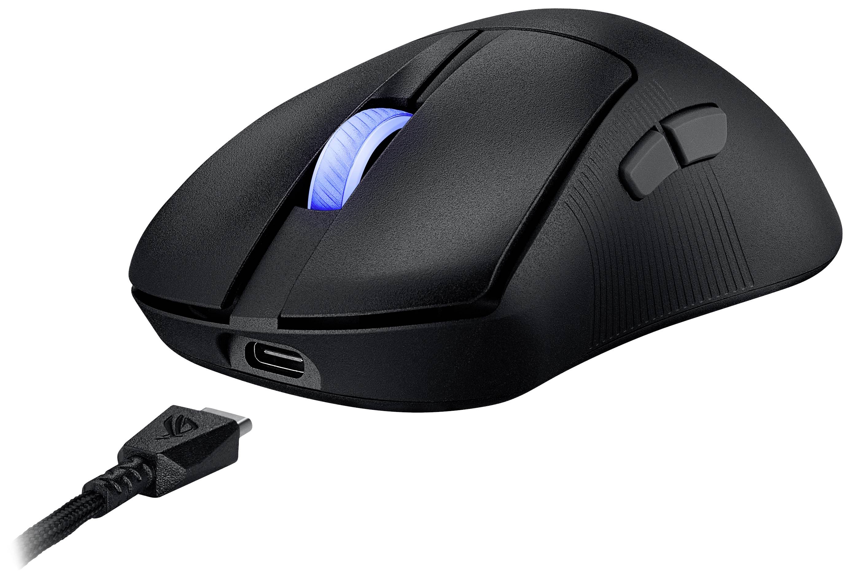 Souris d'ordinateur noire avec molette de défilement rétroéclairée et deux boutons latéraux, connectée via un câble USB.
