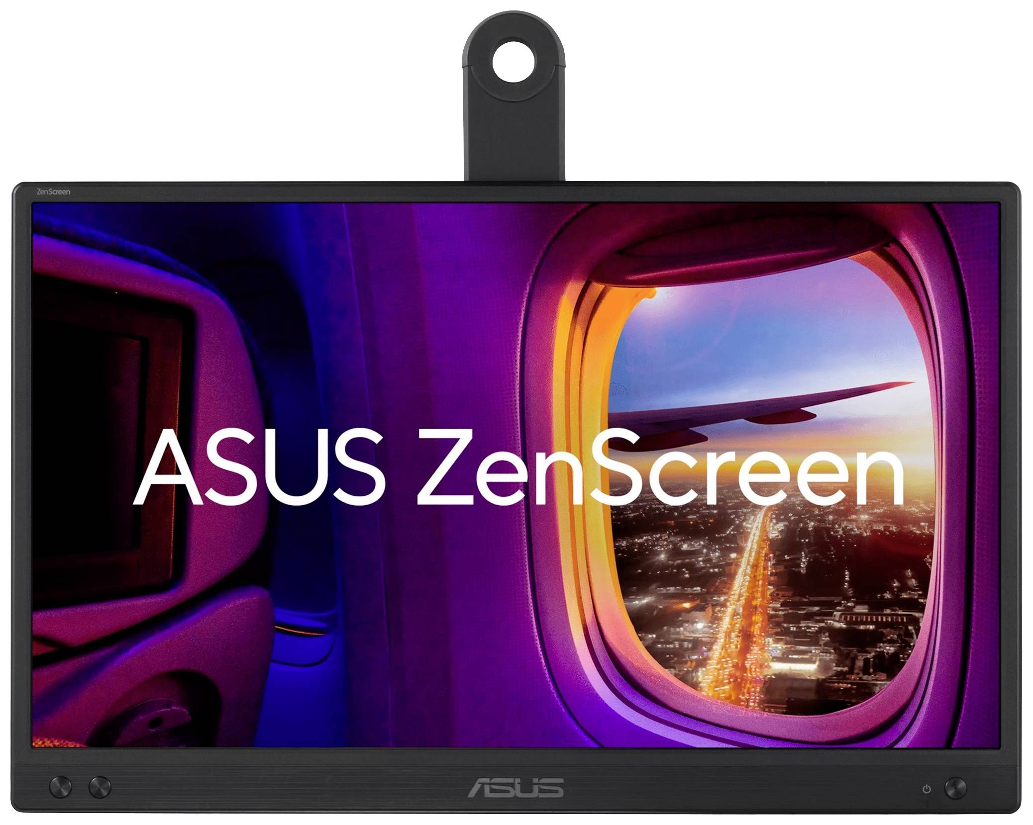 Un écran ASUS ZenScreen affiche une fenêtre d'avion au coucher de soleil avec vue sur une ville. Le texte 'ASUS ZenScreen' est visible.