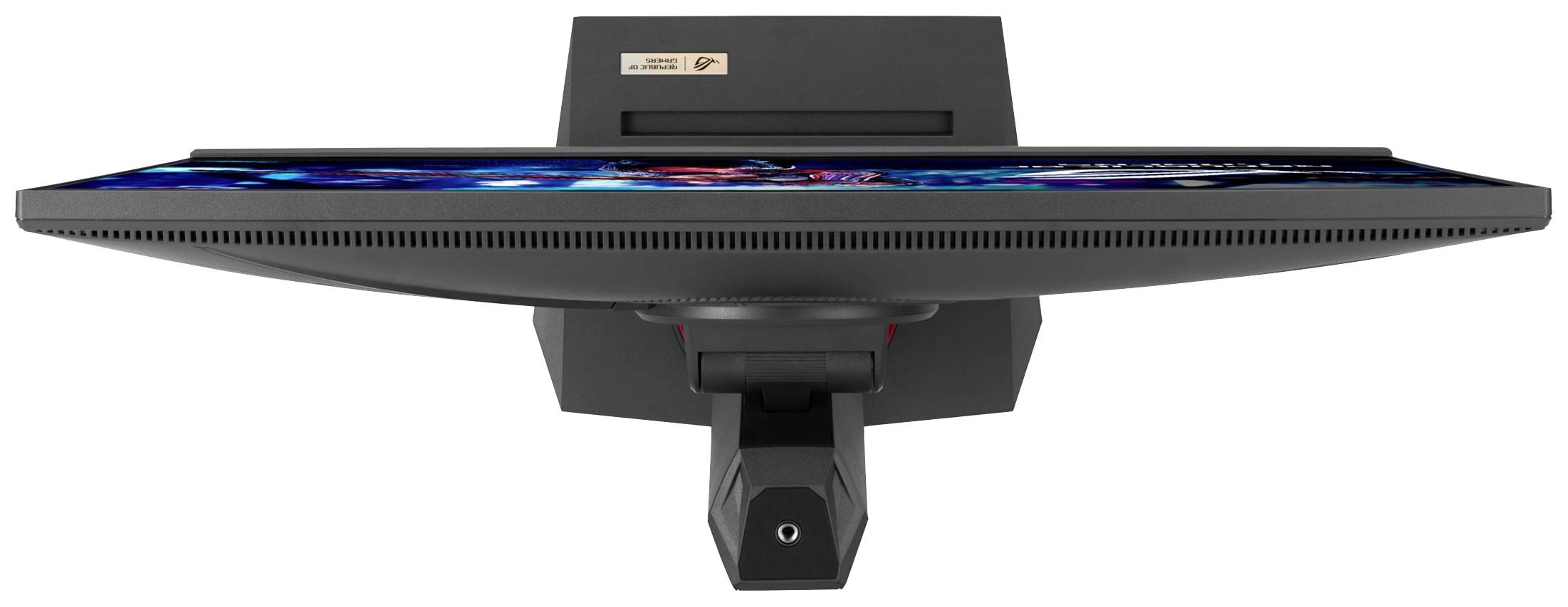 Un écran d'ordinateur noir vu de dessus, légèrement incliné. L'écran affiche des représentations colorées dynamiques.