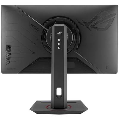 Un moniteur gaming de la marque ROG vu de dos, montrant le pied et les connexions sur le côté gauche de l'écran.