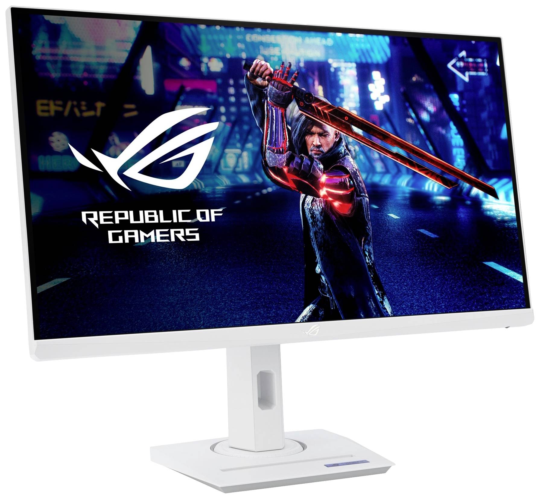 Moniteur ASUS Republic of Gamers affichant une scène de science-fiction avec une personne et une épée lumineuse.
