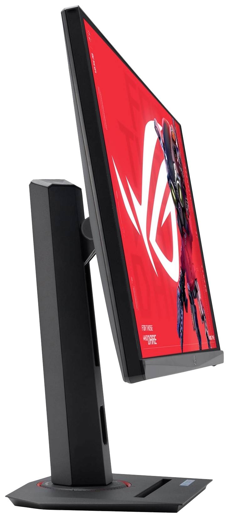 Un écran d'ordinateur noir avec un fond rouge affiche une image de robot futuriste. Le moniteur est représenté de côté.