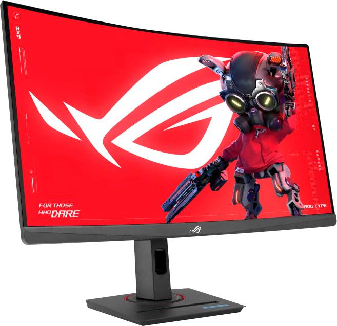Un écran de gaming incurvé affichant le logo Republic of Gamers et une figure de robot, sur un fond rouge vif.