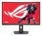 Moniteur ROG avec un arrière-plan d'écran rouge, montrant une mascotte robot dans une combinaison futuriste avec une arme.