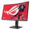 Un moniteur de jeu incurvé à écran rouge affiche une mascotte robotique. Inscription « Pour ceux qui osent » et « ROG ».