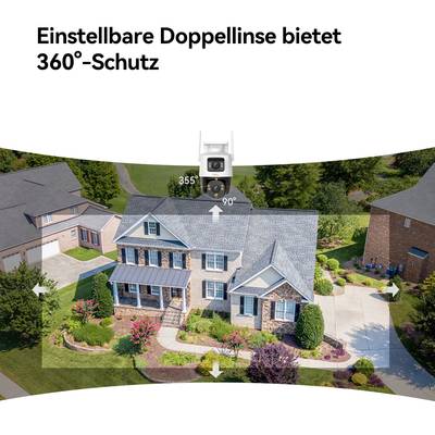 Une vue aérienne montre une maison dans un quartier résidentiel avec un calque illustrant la couverture et les angles des caméras de sécurité.