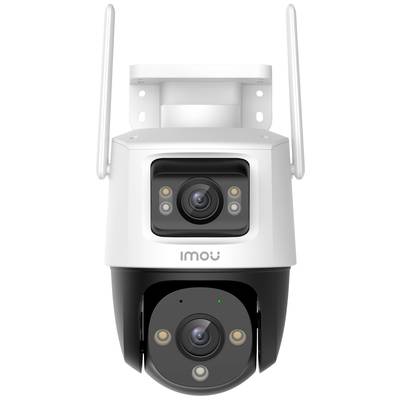 Caméra de surveillance blanc et noir avec deux objectifs et deux antennes, avec le nom de marque 'Imou' sur la face avant.