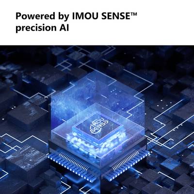 Une image graphique de puce électronique bleue portant l'inscription 'IMOU SENSE'. Le texte supérieur indique : « Propulsé par l'IA de précision IMOU SENSE™ ».