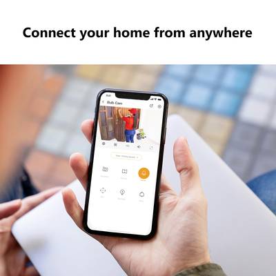 Une personne tient un smartphone avec l'application 'Bub Cam' ouverte, montrant un flux de surveillance. Texte en haut : 'Connectez votre maison de n'importe où'.