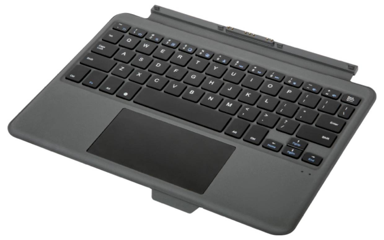Un clavier noir avec trackpad, conçu comme accessoire amovible pour tablettes. Comprend une disposition QWERTZ complète et des touches de fonction.
