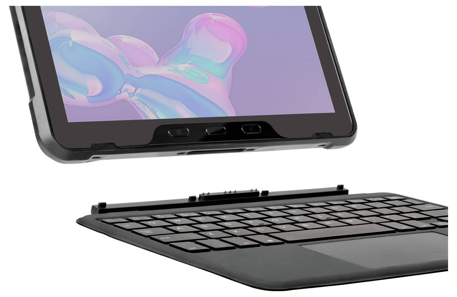 Une tablette flotte au-dessus d'un clavier amovible, prête à être connectée. L'écran affiche des bulles colorées. Idéal pour le travail mobile.