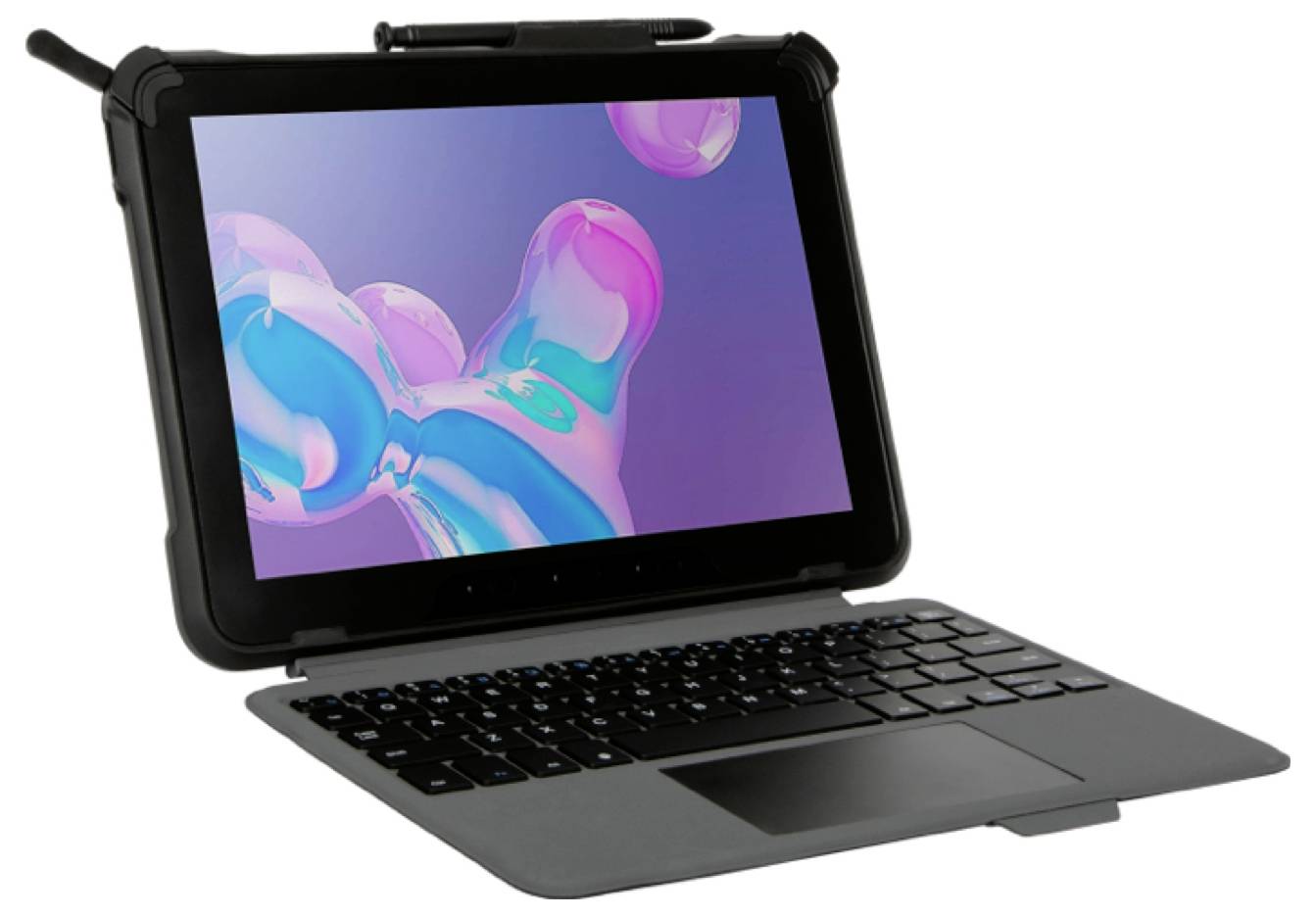 Une tablette avec un clavier attaché et un stylet. L'écran affiche un graphique abstrait et coloré.