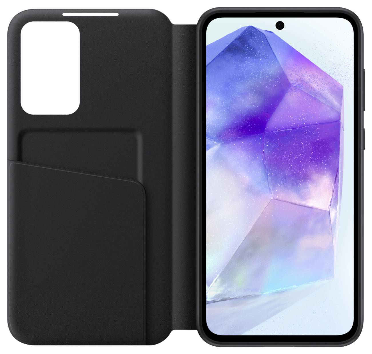 Étui à rabat d'un smartphone, ouvert et présenté. La face avant montre l'écran avec un arrière-plan abstrait et coloré. L'étui est visible sur la gauche.