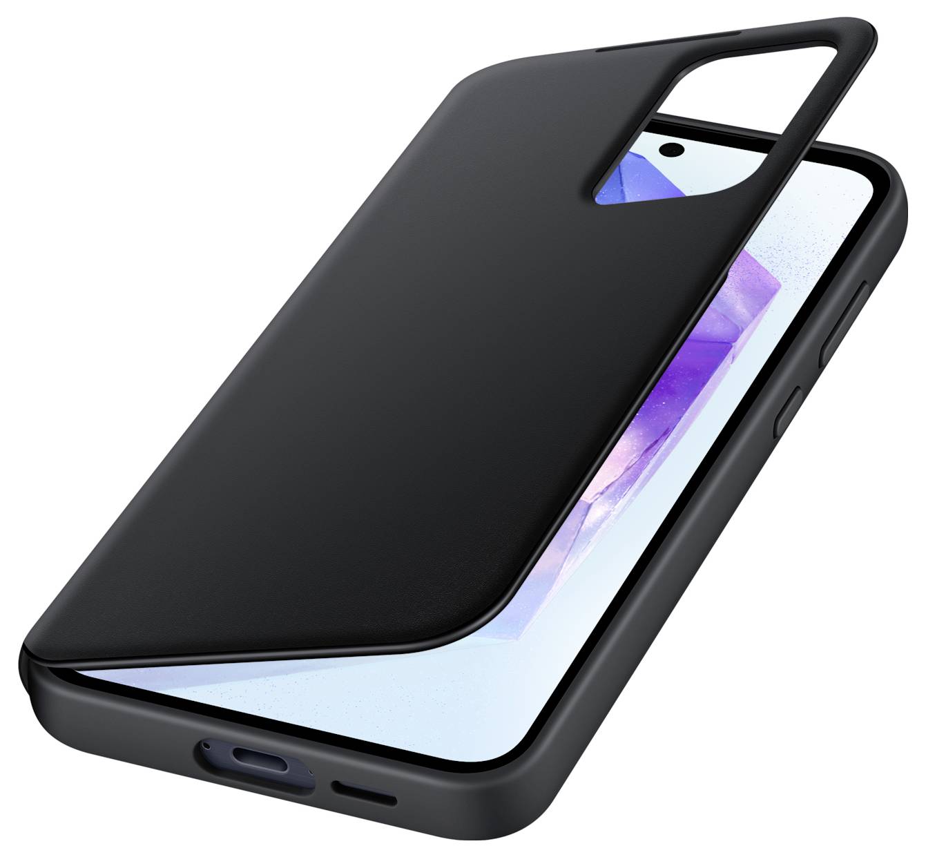 Étui de protection noir pour smartphone, ouvert, montrant un smartphone au design moderne. L'étui offre protection et élégance visuelle.