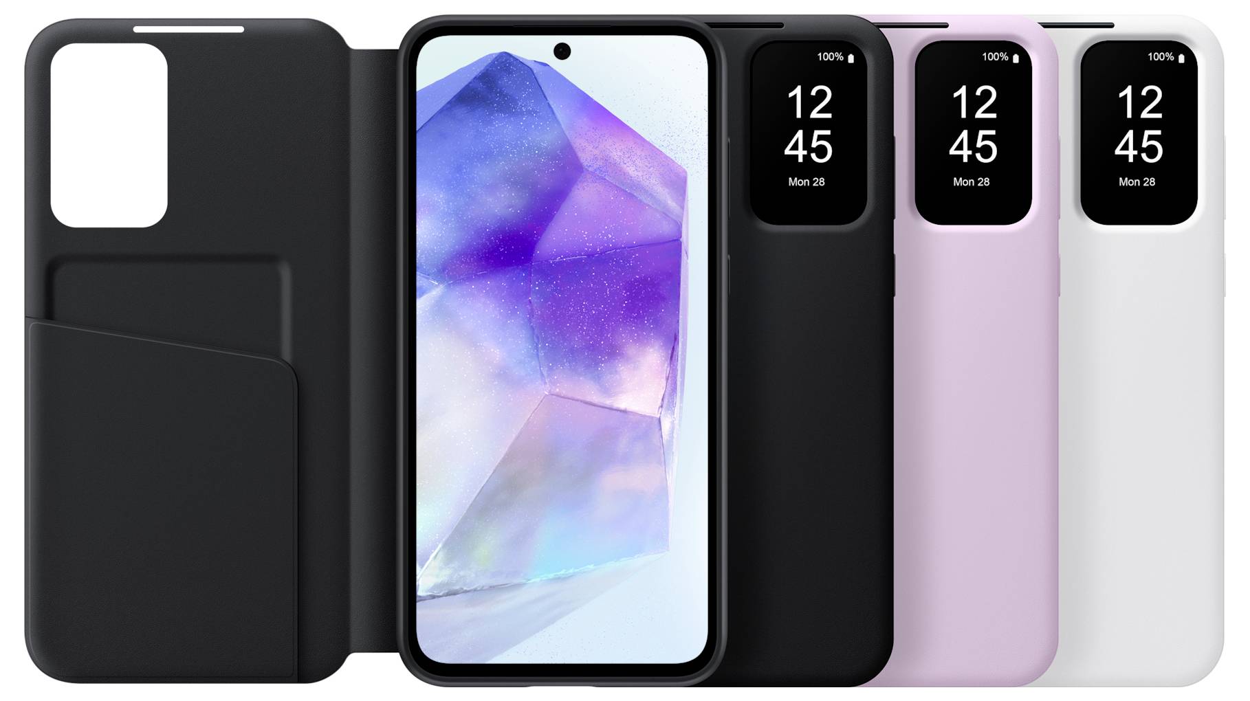 Une série d'étuis de téléphone de différentes couleurs ; à gauche, un étui noir rabattable, à droite, plusieurs étuis avec de petits écrans en haut.