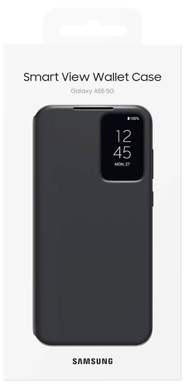 Étui portefeuille Smart View pour Galaxy A55 5G en noir, avec affichage sur la face avant. L'emballage présente le produit.
