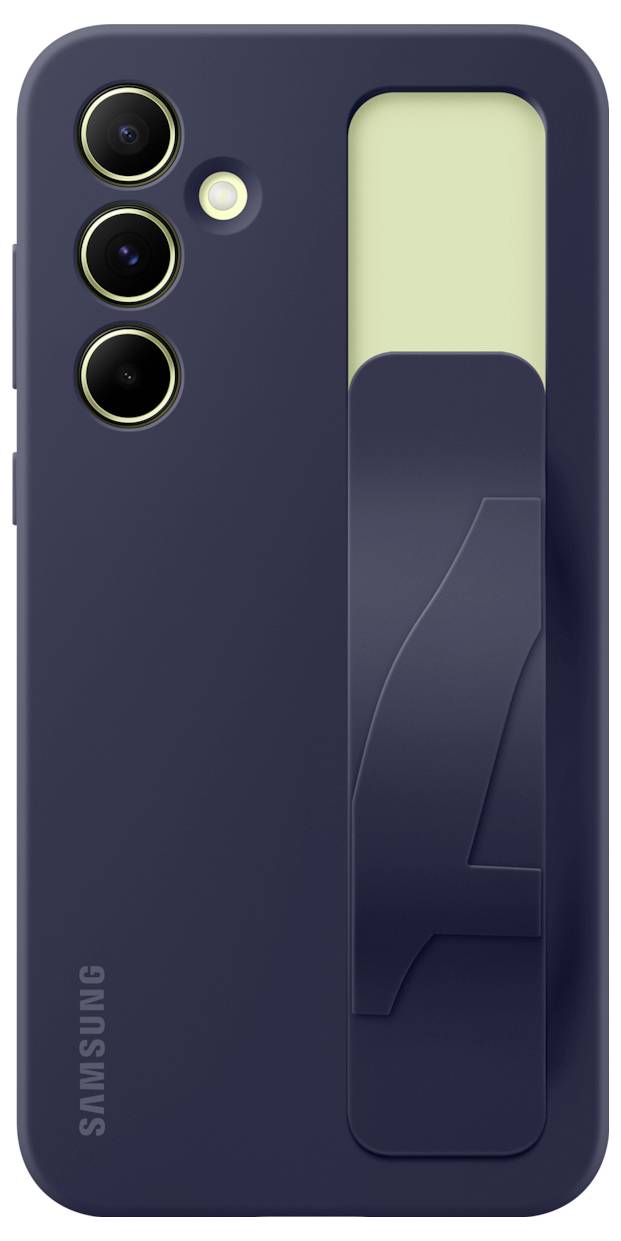 Une coque de téléphone Samsung bleu marine avec trois découpes pour caméras, un élément rectangulaire jaune et un support à l'arrière.