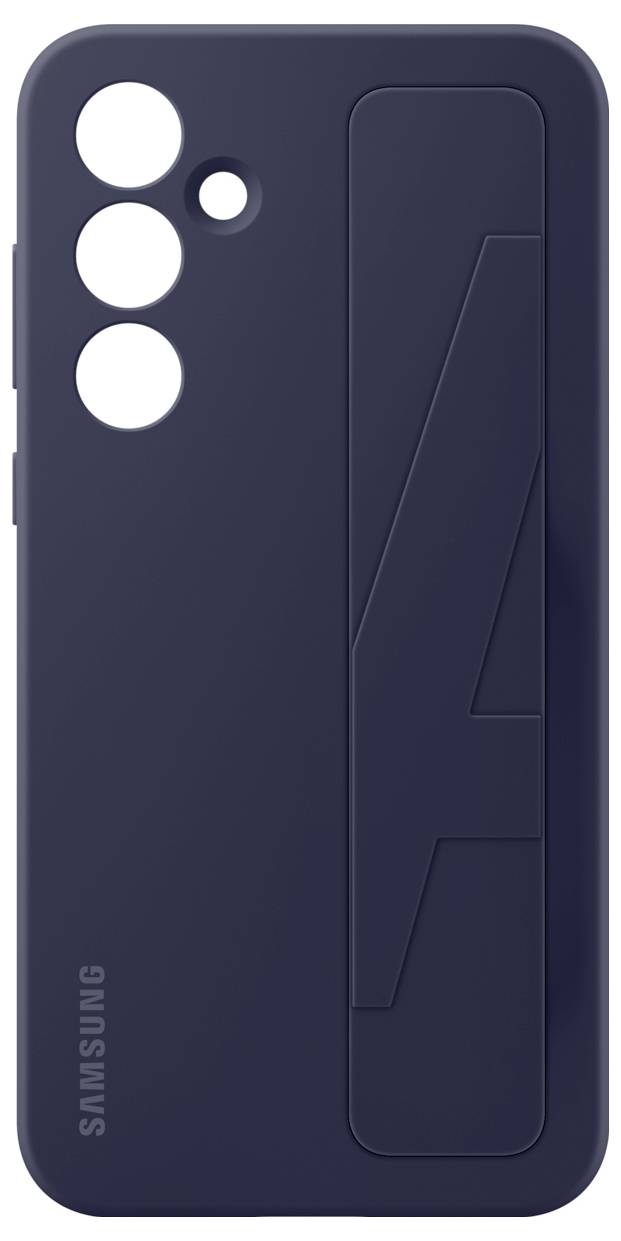 Coque de protection pour smartphone bleu marine avec bords surélevés et lignes élégantes sur l'arrière.