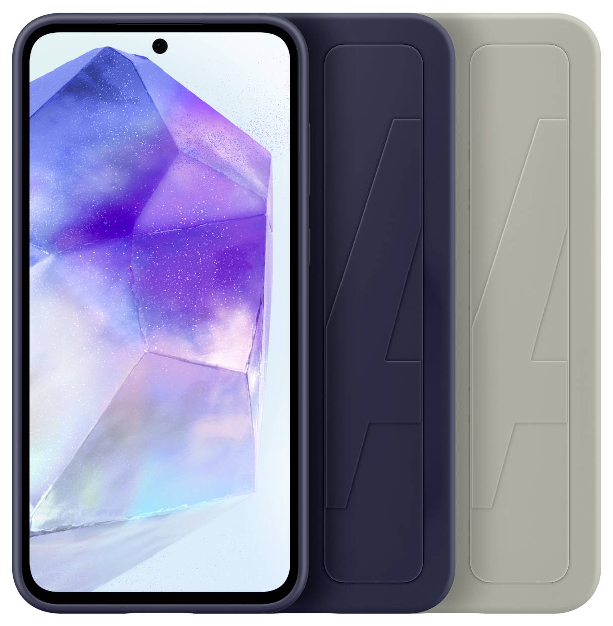 Smartphone avec un écran de fond aux allures cristallines dans des tons bleus et violets, entouré de deux coques interchangeables bleu marine et gris.