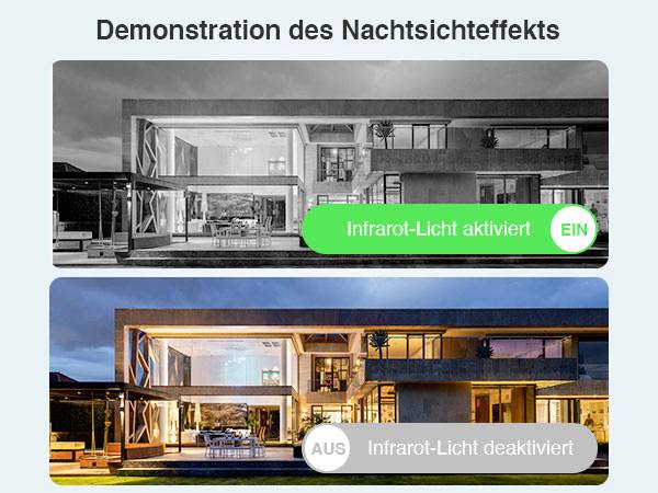 L'image montre une comparaison d'une maison avec la vision nocturne activée et désactivée. En haut : Noir et blanc avec 'Infrarouge activé'. En bas : Couleur avec 'Infrarouge désactivé'.
