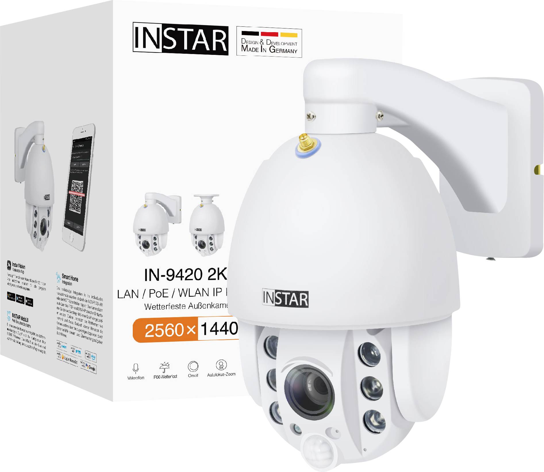 Caméra IP INSTAR IN-9420 2K représentée sur l'emballage avec LAN/PoE/WLAN, montrant des caractéristiques telles que l'installation extérieure résistante aux intempéries et une résolution de 2560x1440 pixels.
