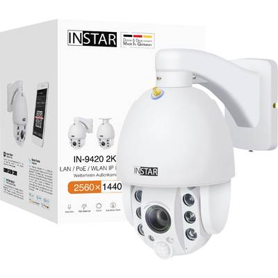 Caméra IP INSTAR IN-9420 2K représentée sur l'emballage avec LAN/PoE/WLAN, montrant des caractéristiques telles que l'installation extérieure résistante aux intempéries et une résolution de 2560x1440 pixels.