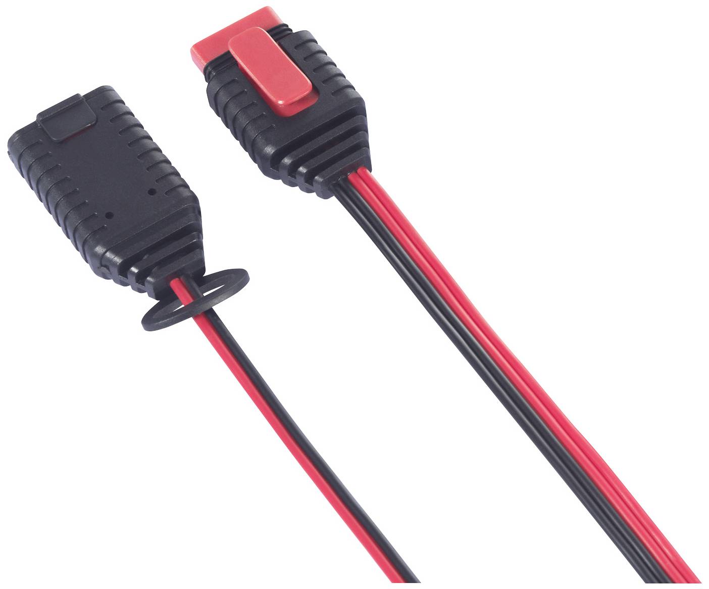 Deux connecteurs électriques avec des câbles rouges et noirs.
