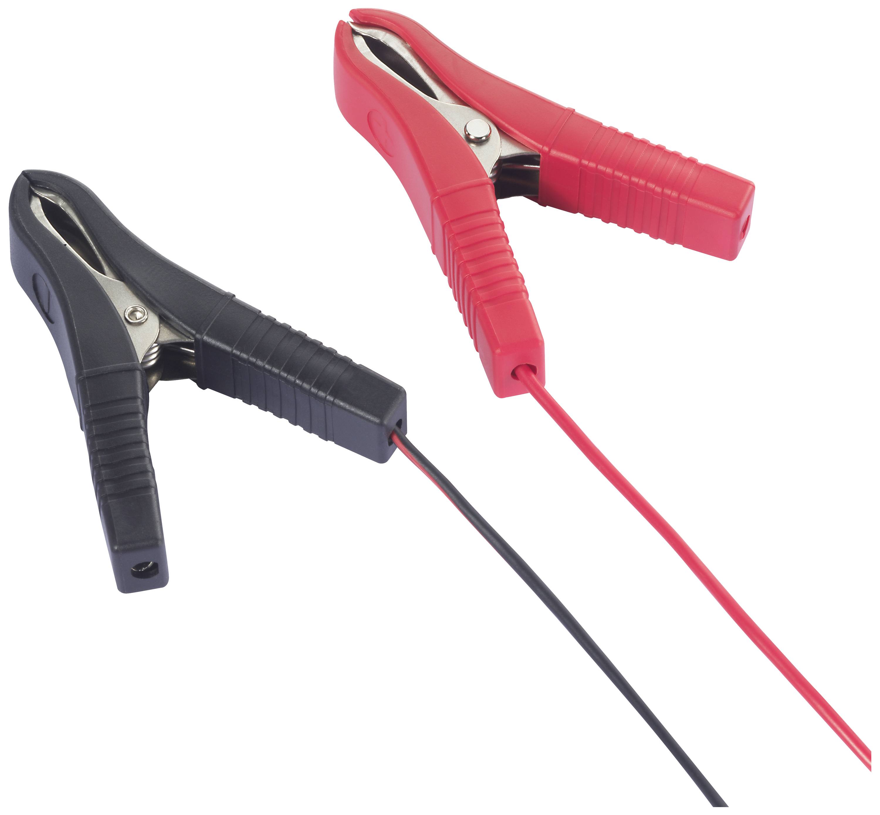Pinces de démarrage rouge et noir avec câbles, utilisées pour faire un pont entre des batteries de voiture.