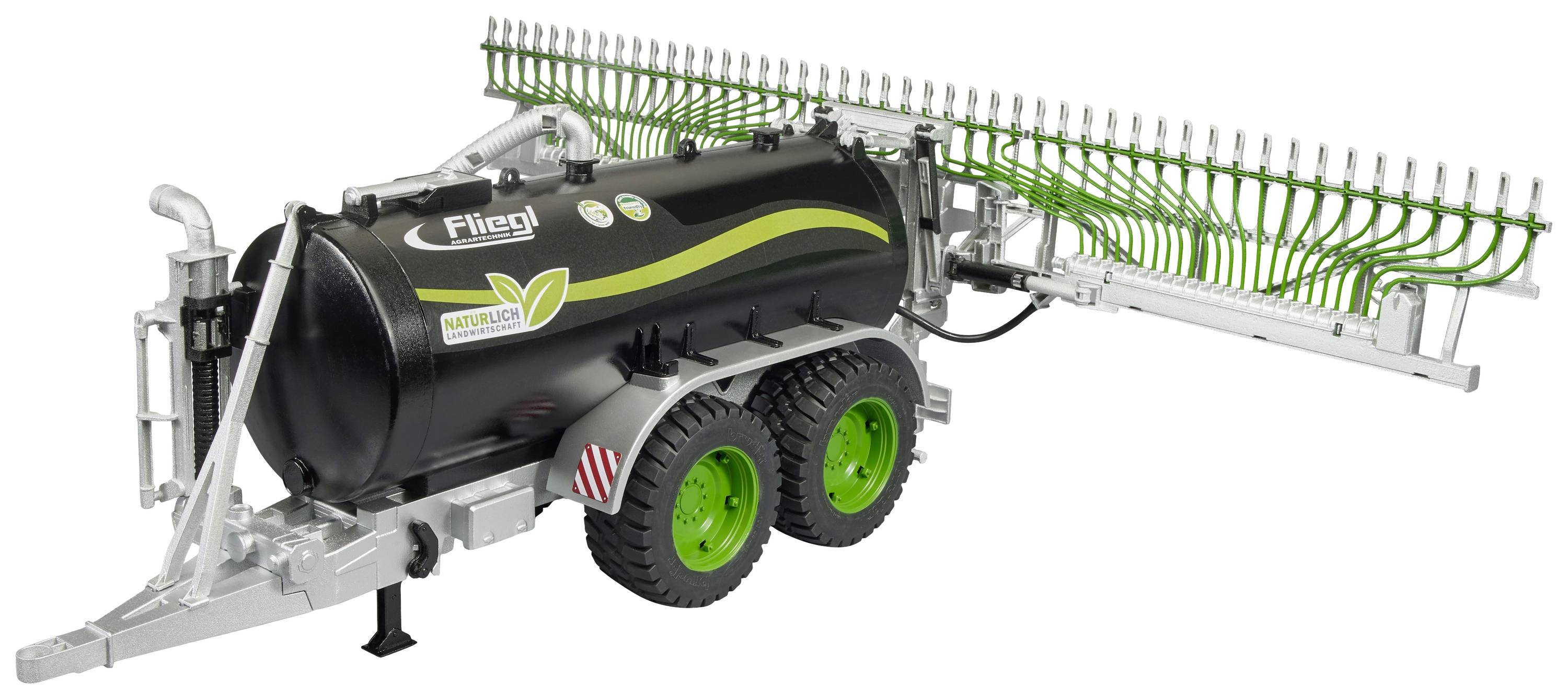 Citerne à lisier 'Fliegl' à deux essieux avec distributeur intégré, de couleur noire avec des roues vertes, modèle de véhicule utilitaire agricole.