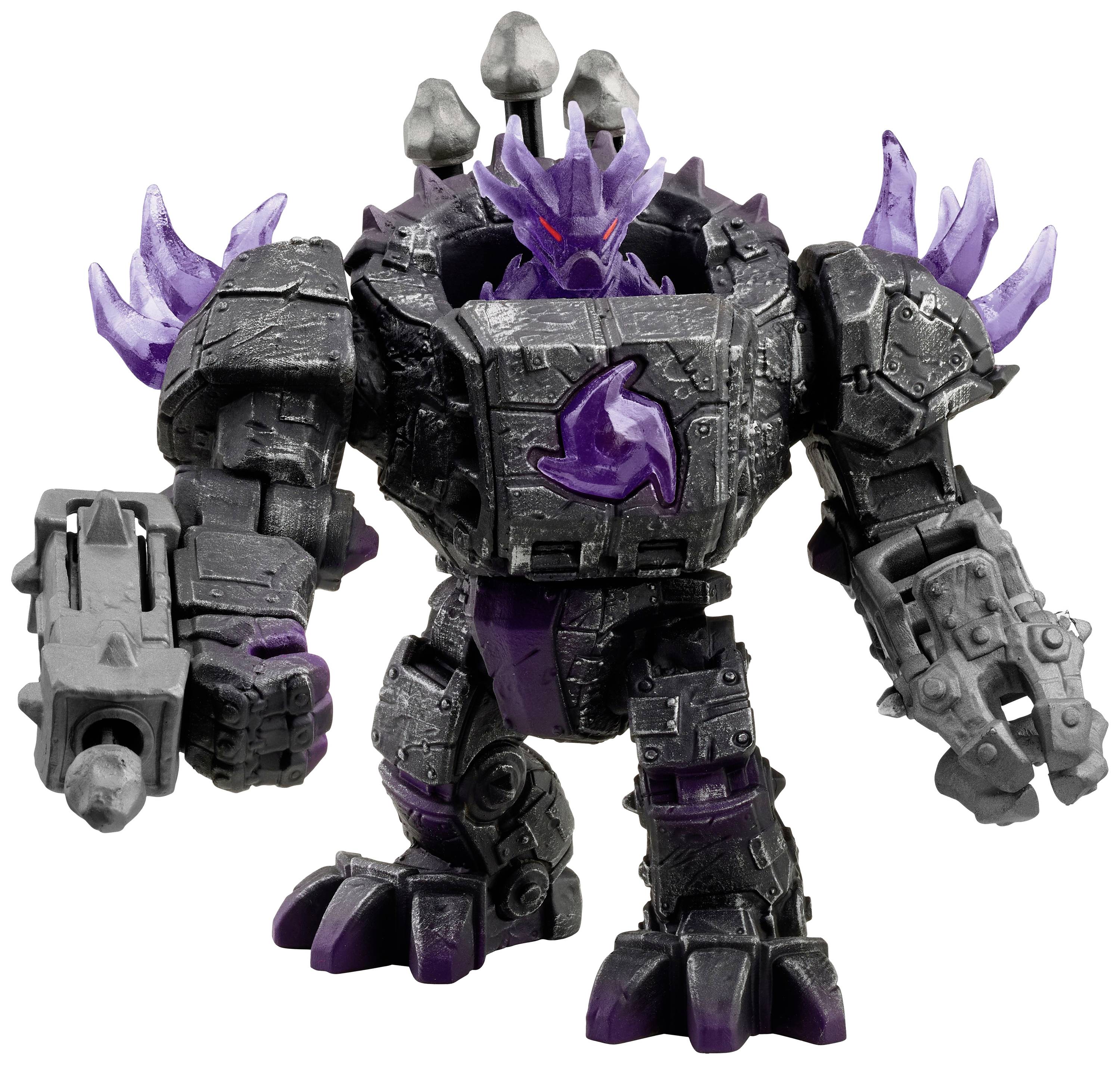 Un jouet d'action de type robot dans des tons de violet et de gris, équipé de grands bras et doté d'yeux rouges lumineux.