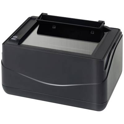 Un scanner noir est posé sur une surface. Il présente un design sobre et moderne, prêt à être utilisé.
