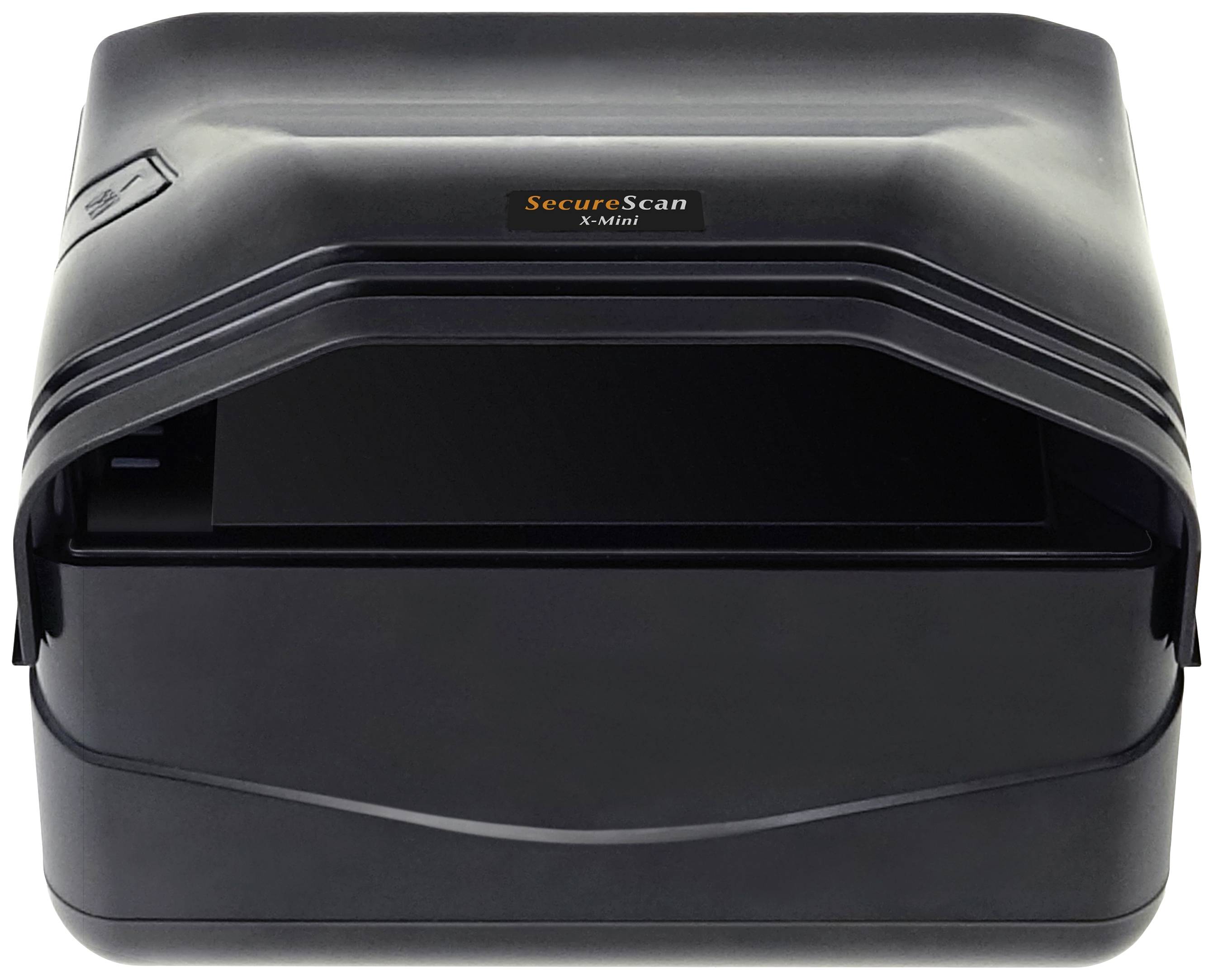 Un scanner de documents noir portant l'inscription 'SecureScan X-Mini' sur sa partie supérieure.