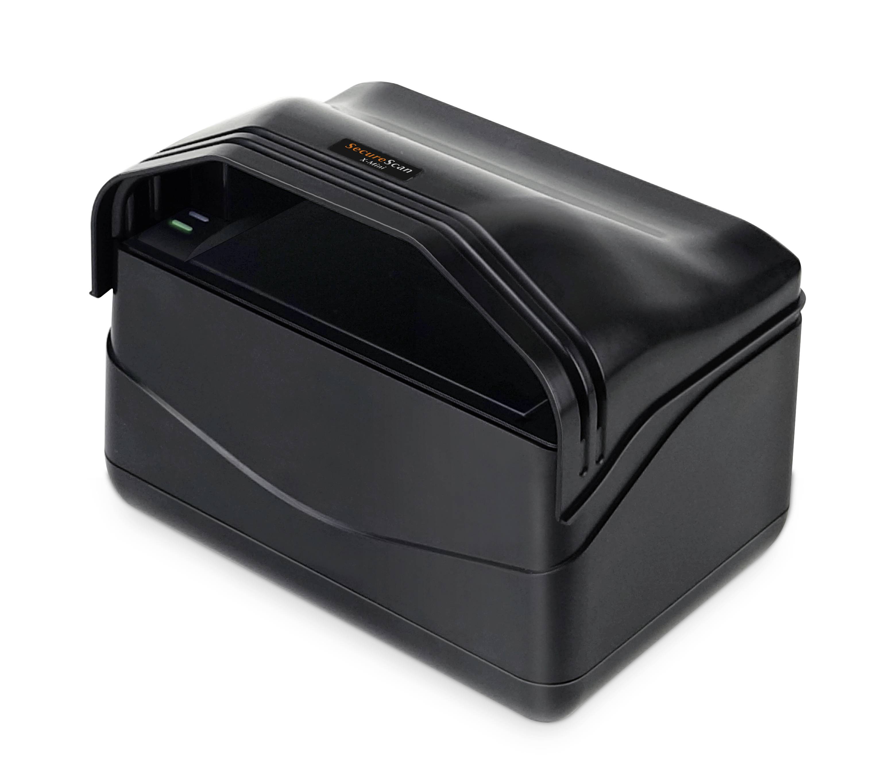 Scanner optique noir avec un couvercle de protection arrondi et un petit voyant LED vert. Utilisé pour la capture d'empreintes digitales.