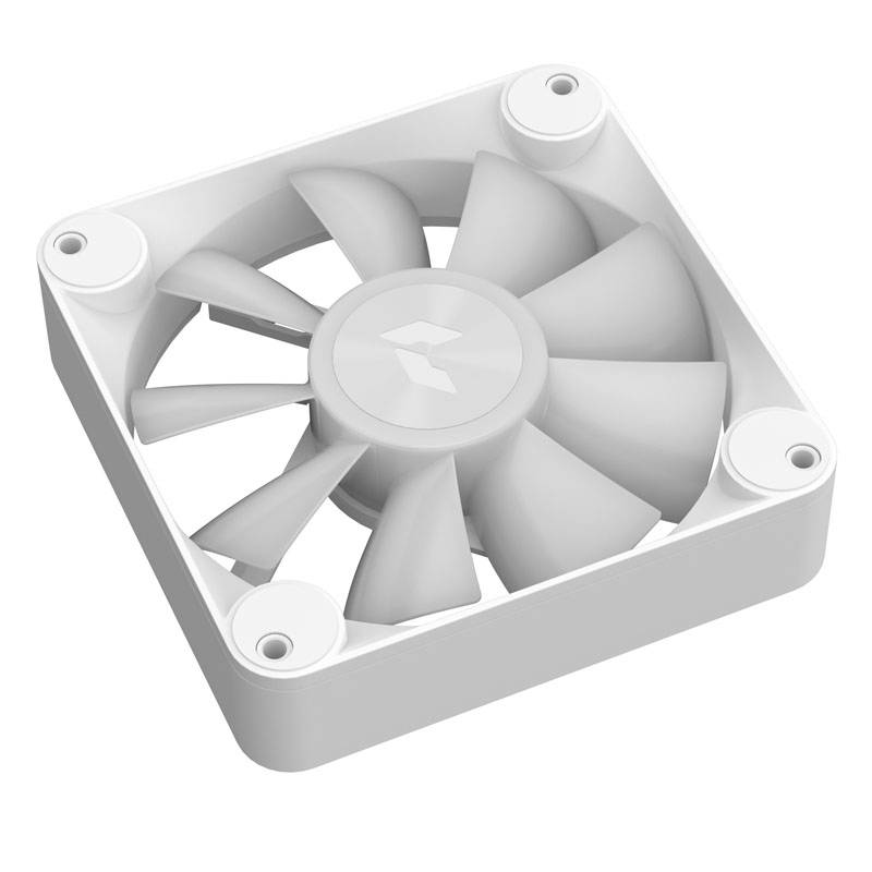 Un ventilateur d'ordinateur blanc à neuf pales, dans un cadre carré, visible de dessus, souvent utilisé pour le refroidissement à l'intérieur des boîtiers.
