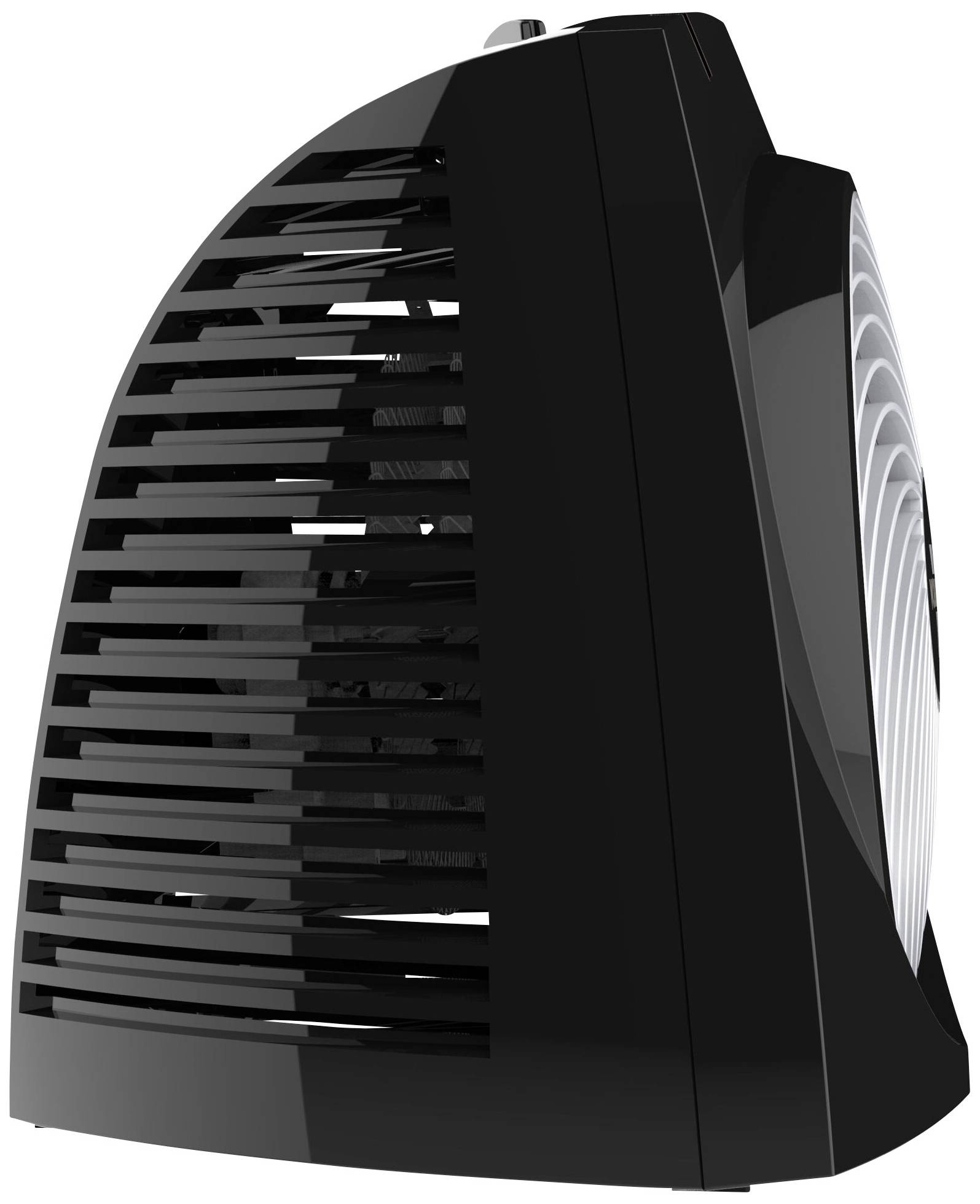 Ventilateur de table noir en vue latérale avec grille de protection visible et pales, adapté pour rafraîchir de petits espaces.