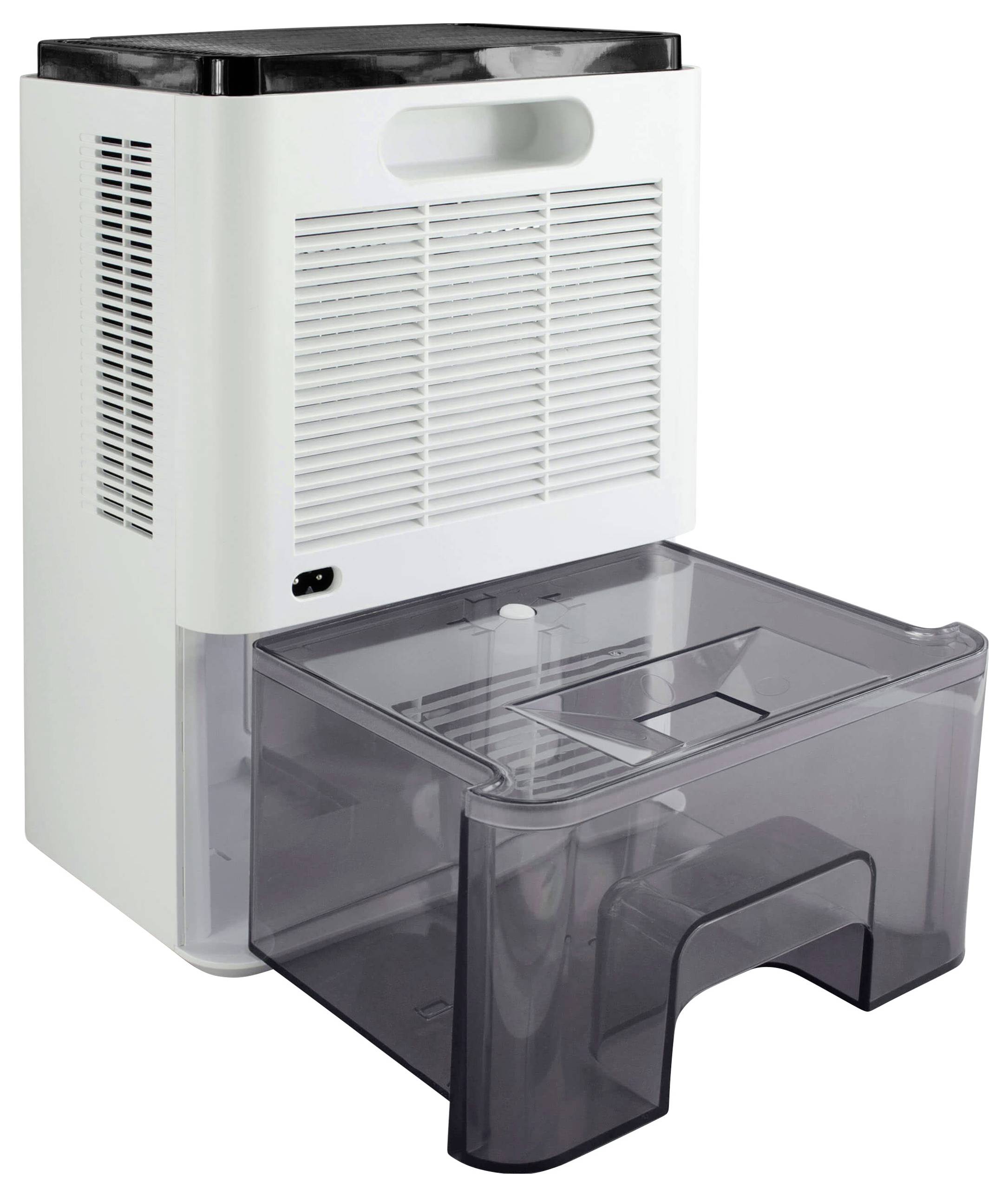 Un déshumidificateur blanc avec un réservoir d'eau extractible à l'avant. L'appareil est debout sur une surface blanche.