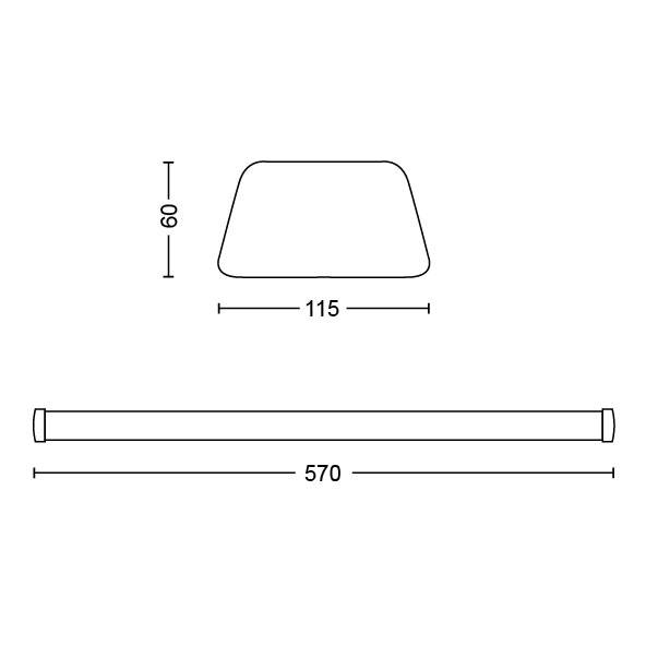 Dessin au trait d'un rectangle avec les dimensions suivantes : En haut 115, hauteur 60. En dessous, une ligne horizontale d'une largeur de 570.