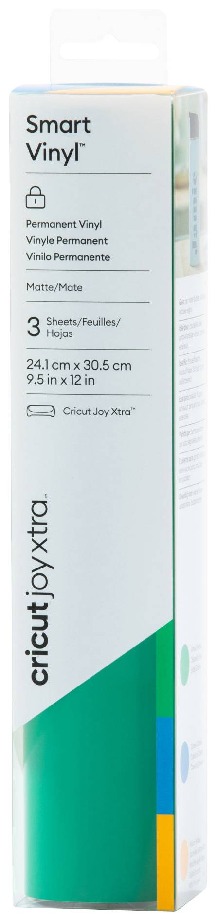 Paquet de 'Cricut Smart Vinyl' pour le Cricut Joy Xtra. Contient 3 feuilles de vinyle permanent. Dimensions : 24,1 cm x 30,5 cm.