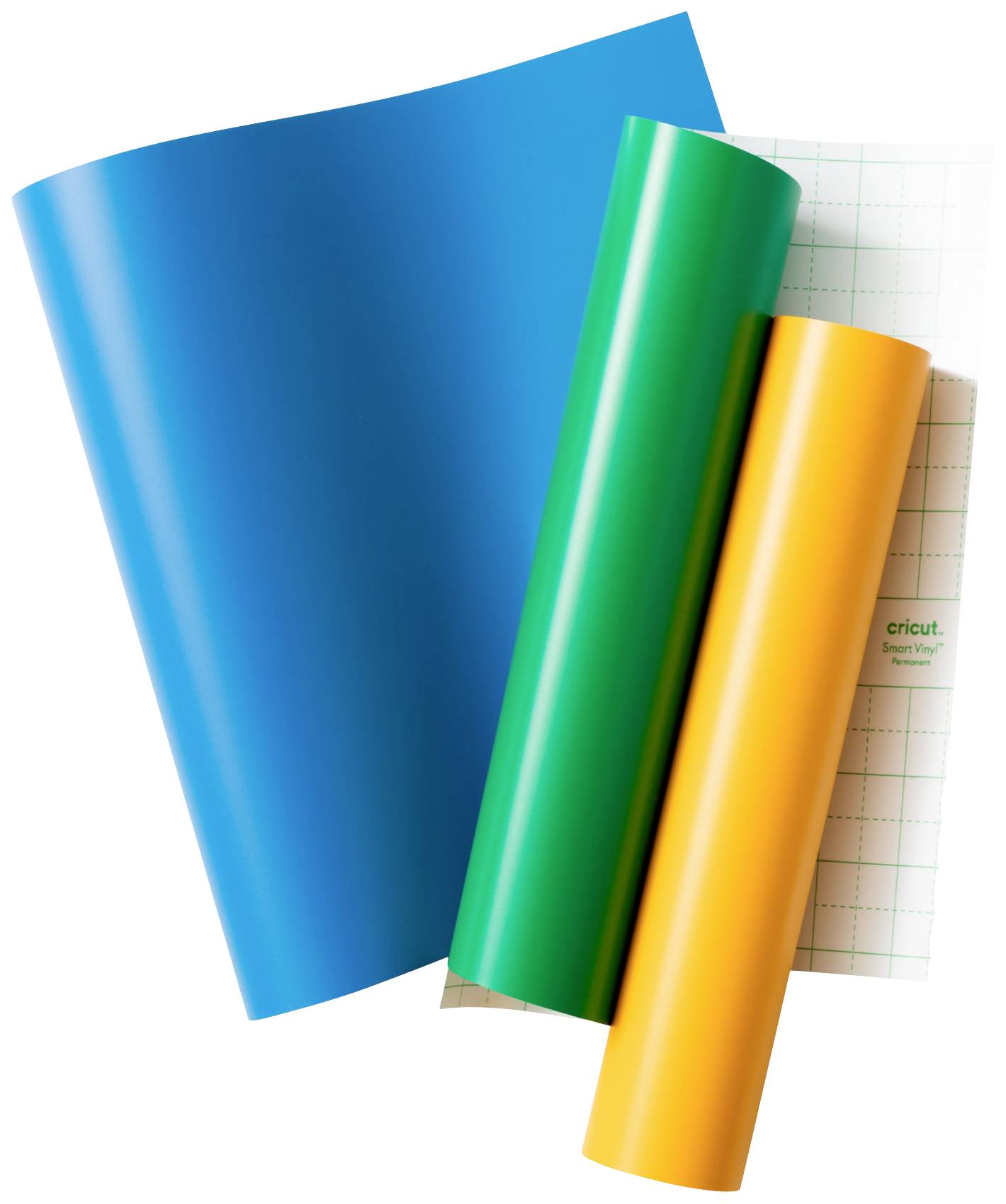 Vinyles bleu, vert et jaune enroulés, sur un fond à carreaux. Idéal pour les projets de bricolage et de découpage.
