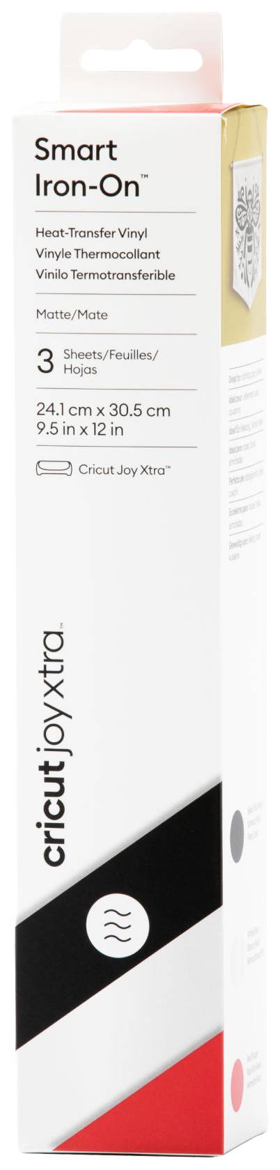 Emballage d'un produit 'Cricut Joy Xtra Smart Iron-On', contenant 3 feuilles de vinyle transferables. Dimensions : 24,1 cm x 30,5 cm.