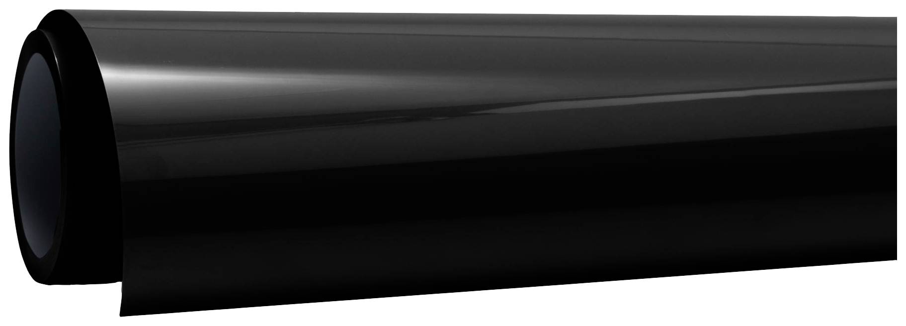 Feuille noire, enroulée, vraisemblablement en plastique, sans impression ni structure visible, sur fond blanc.