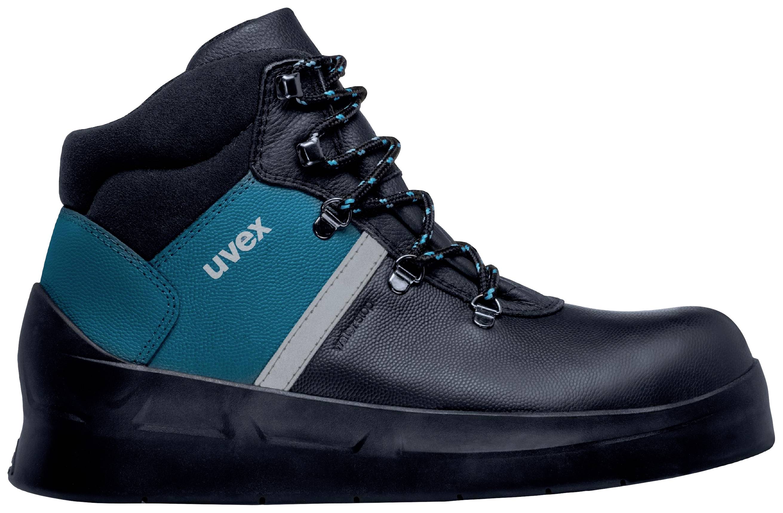 Chaussure de sécurité noire avec insertion turquoise et lacets bleus, portant le logo 'uvex' sur le côté.