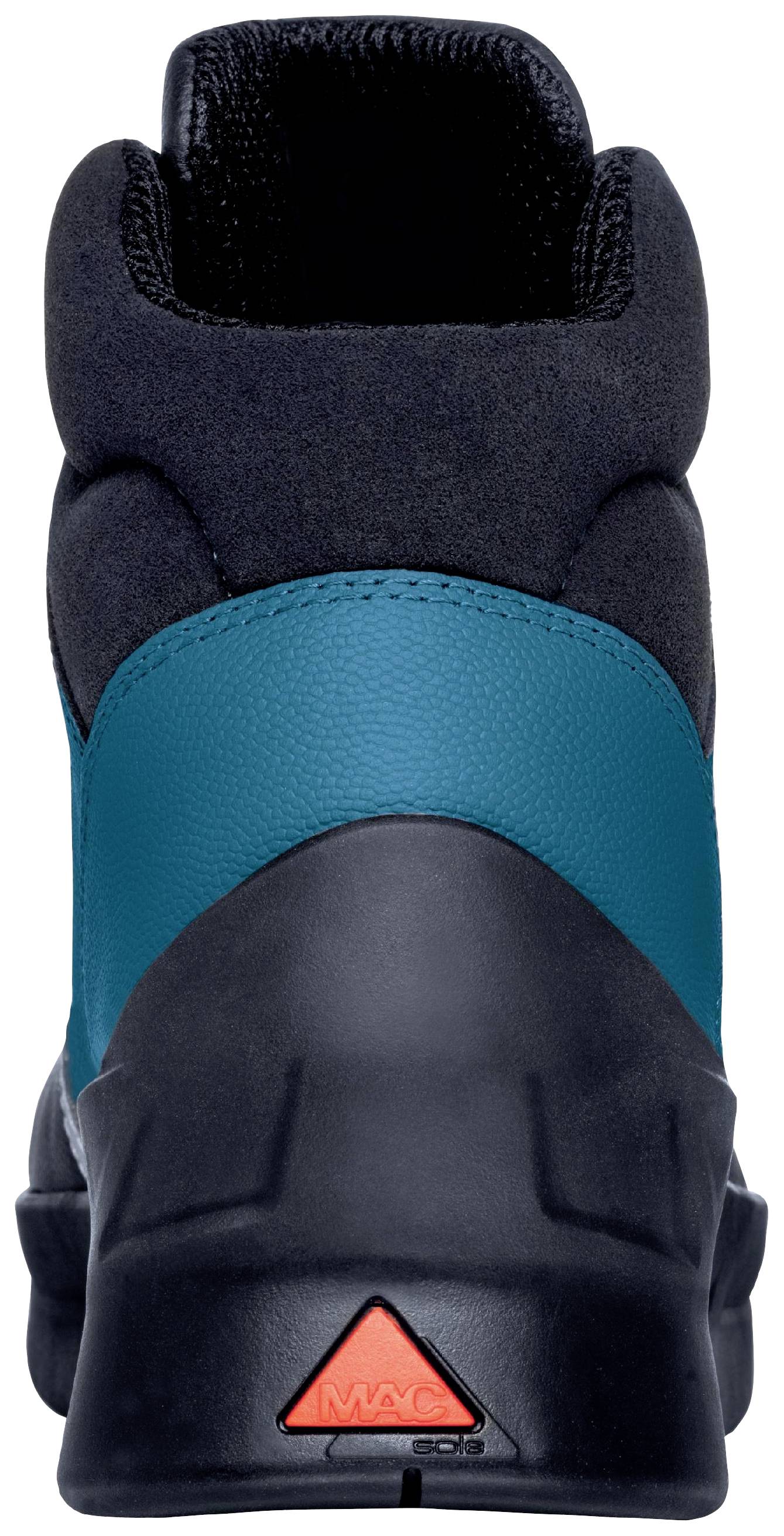 Bottes vues de derrière, avec un design noir et turquoise. Marque triangulaire rouge 'MAG 203' sur la partie inférieure du talon.