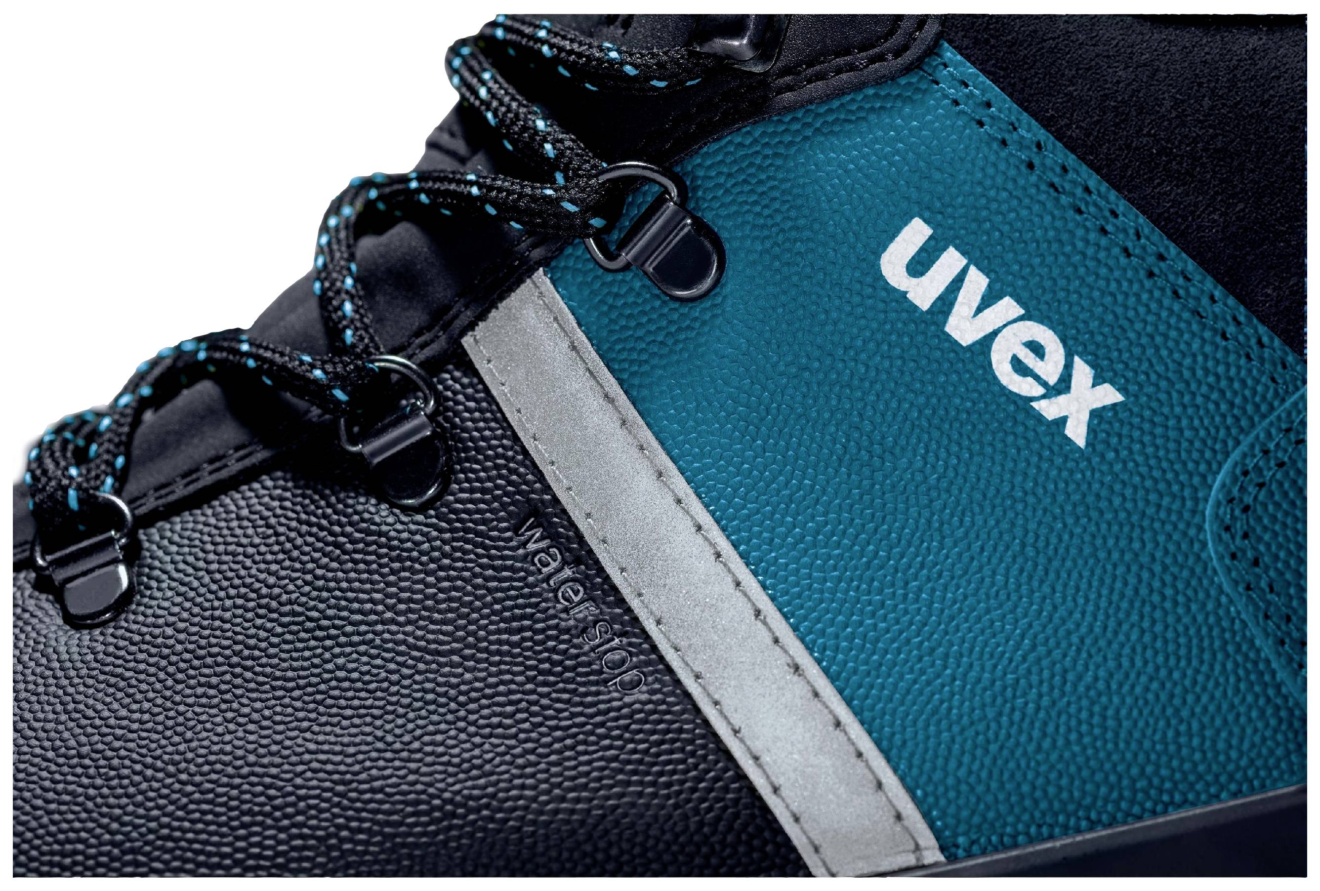 Chaussures de sécurité en cuir noir et bleu, avec des lacets blancs et le logo 'uvex' sur le côté.