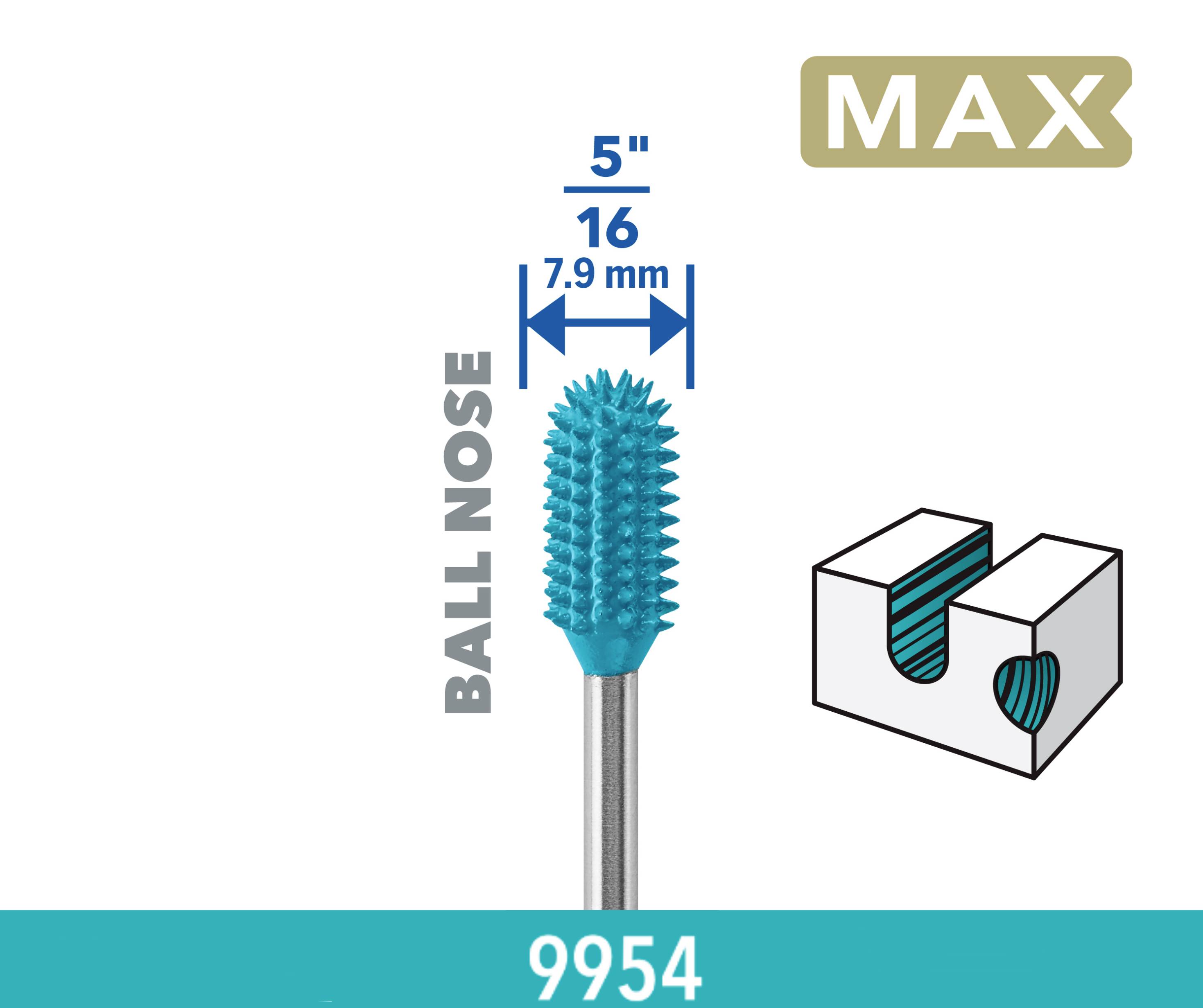 Fraise à bout sphérique de 5 pouces de long et de 7,9 mm de diamètre. Adaptée pour l'usinage des métaux, illustration avec coupe transversale. Numéro de modèle : 9954, qualité MAX.
