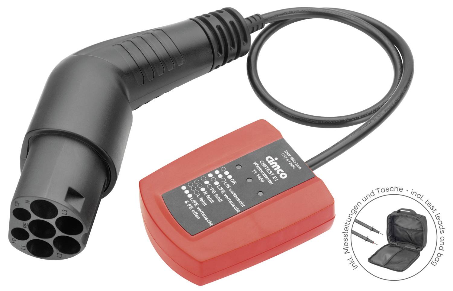 Testeur de câbles de charge multiconnexions pour véhicules électriques, unité rouge avec voyants de contrôle, connexion de câble visible.