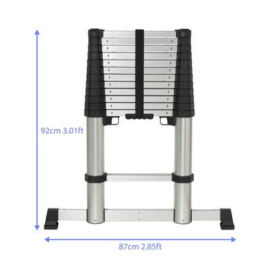 'Échelle télescopique en position repliée. Hauteur 92 cm (3,01 pieds), largeur 87 cm (2,85 pieds). Construction en aluminium avec détails noirs.'