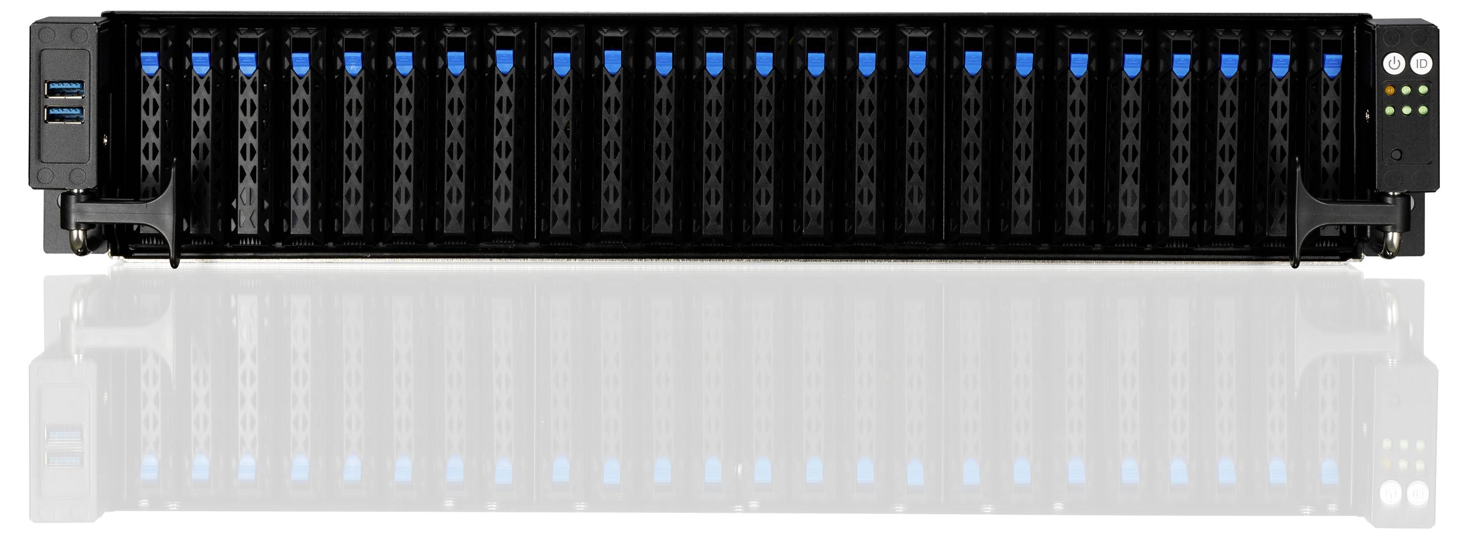 Un rack serveur avec de nombreux emplacements pour disques durs et des voyants LED. Deux ports USB sont visibles à gauche.