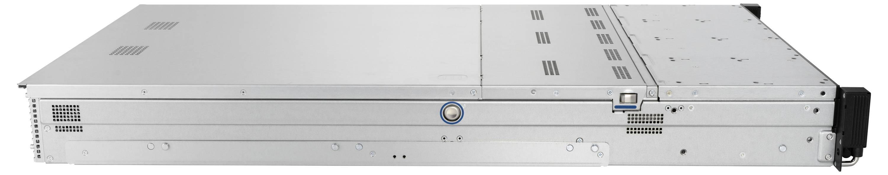 Boîtier de serveur plat de couleur argentée, conçu pour être installé dans des armoires serveur, avec des fentes de ventilation sur le dessus.