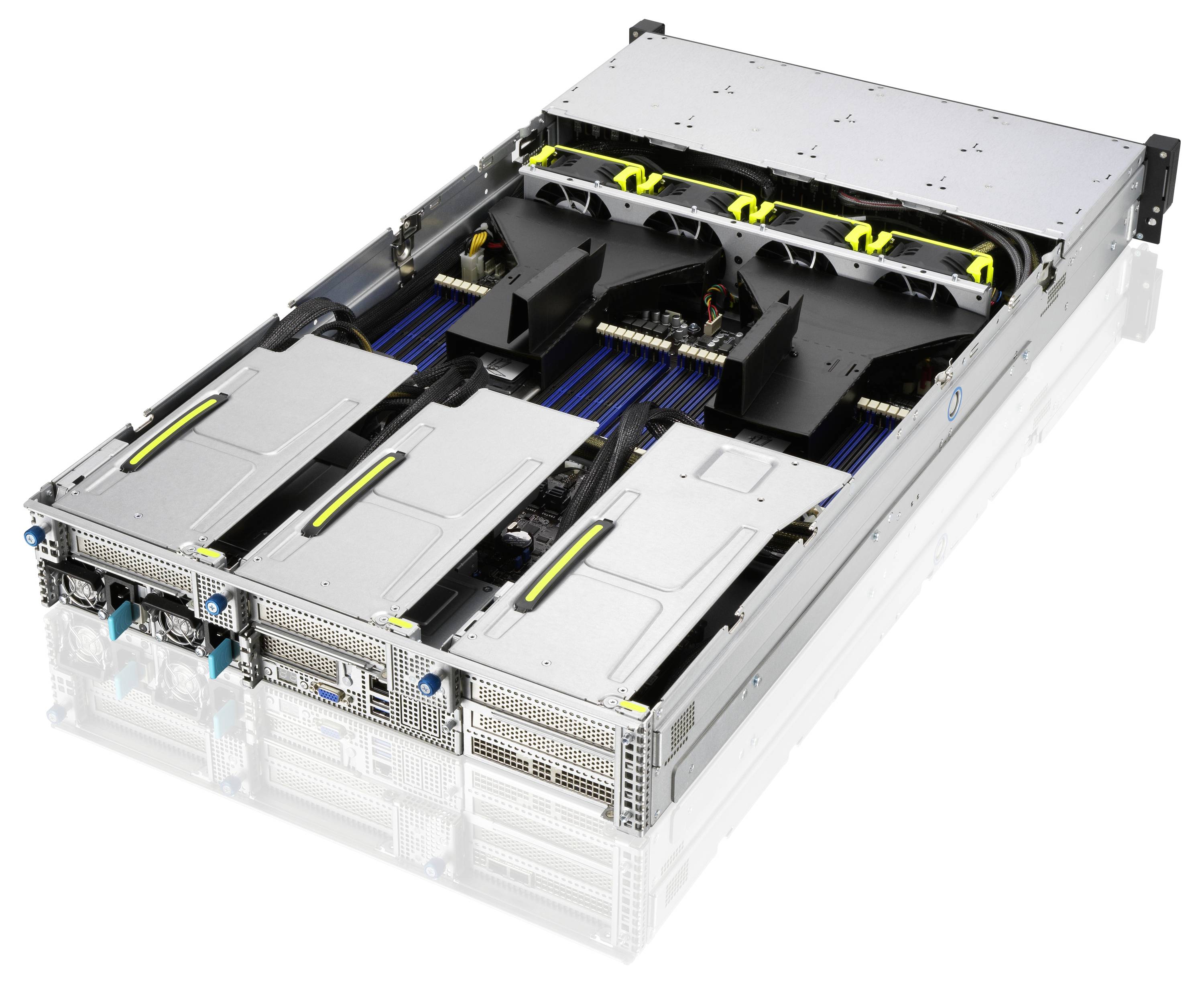 Un rack de serveur ouvert montrant les composants matériels à l'intérieur, y compris les ventilateurs et la structure du boîtier.